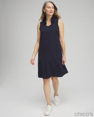 Chico's Zenergy Neema UPF Ruffle Dress Dresses Classic Navy | 601-WDLGTY