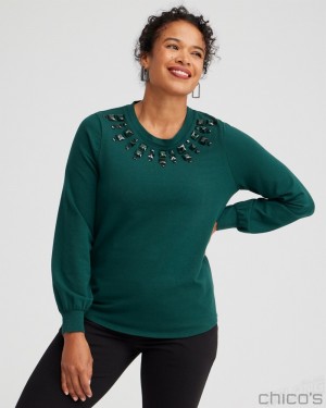 Chico's Zenergy Rhinestone Neck Sweatshirt Sweaters Enchanted Forest | 247-NTSWZU