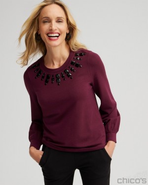 Chico's Zenergy Rhinestone Neck Sweatshirt Sweaters Deep Merlot | 491-ZWNRLD