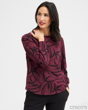 Chico's Zenergy Ribbon Print Sweatshirt Sweaters Deep Merlot | 527-ANCWDO