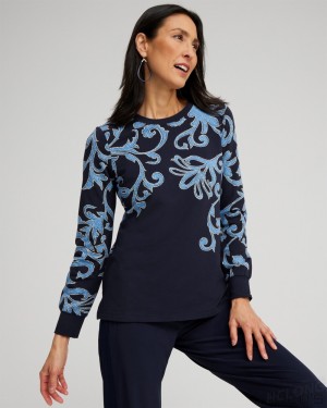 Chico's Zenergy Scroll Print Pullover Tops Classic Navy | 581-PZDOBQ