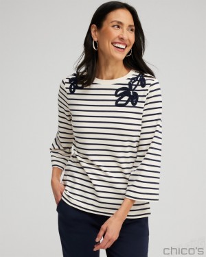 Chico's Zenergy Soutache Stripe Pullover Tops Classic Navy | 254-RQCIVH