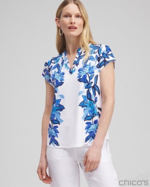 Chico's Zenergy UPF Floral Cap Sleeve Polo Tees & Tanks Intense Azure | 903-HGTSBI