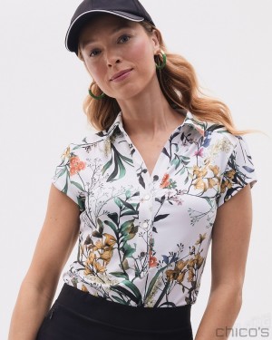 Chico's Zenergy UPF Floral Cap Sleeve Polo Tops Verdant Green | 591-EOLSZW