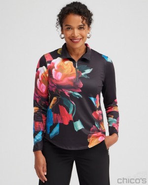 Chico's Zenergy UPF Floral Long Sleeve Top Tops Black | 180-HQVNPG