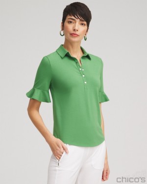 Chico's Zenergy UPF Knit Ruffle Polo Blouses & Shirts Verdant Green | 641-JBMERX