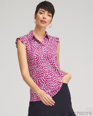 Chico's Zenergy UPF Knit Ruffle Polo Tops Magenta Rose | 231-DHFYPO