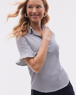 Chico's Zenergy UPF Knit Stripe Ruffle Polo Blouses & Shirts Classic Navy | 130-DBOZXN