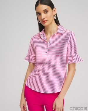 Chico's Zenergy UPF Knit Stripe Ruffle Polo Blouses & Shirts Magenta Rose | 173-RNHZSQ