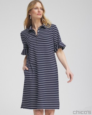 Chico's Zenergy UPF Knit Stripe Ruffle Sleeve Polo Dress Dresses Classic Navy | 158-OHJVBA