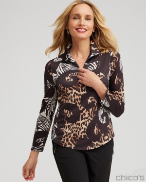 Chico's Zenergy UPF Mixed Animal Long Sleeve Top Tops Black | 531-XUKBHT