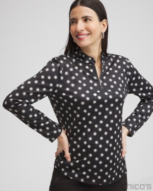 Chico's Zenergy UPF Polka Dot Ruffle Neck Top Tops Black | 457-LUOPZC