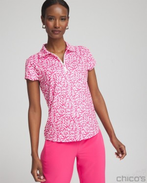 Chico's Zenergy UPF Reef Cap Sleeve Polo Blouses & Shirts PINK BROMELIAD | 273-QGCXED