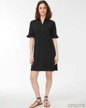 Chico's Zenergy UPF Ruffle Sleeve Polo Dress Dresses Black | 172-EAJILR