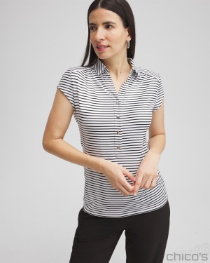 Chico's Zenergy UPF Stripe Cap Sleeve Polo Tops Black | 920-GWMFKP