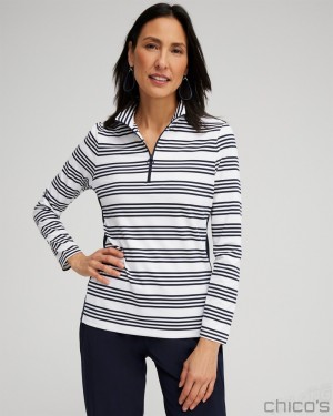 Chico's Zenergy UPF Stripe Long Sleeve Top Tops Classic Navy | 309-GVDKUF