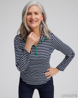 Chico's Zenergy UPF Stripe Long Sleeve Top Tops Classic Navy | 758-SKRUOL