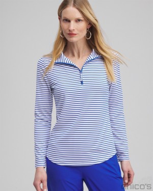 Chico's Zenergy UPF Stripe Long Sleeve Top Tops Intense Azure | 072-WMKRUF