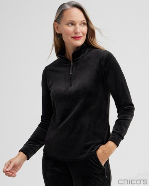 Chico's Zenergy Velour Half Zip Pullover Sweaters Black | 063-VIMRQJ