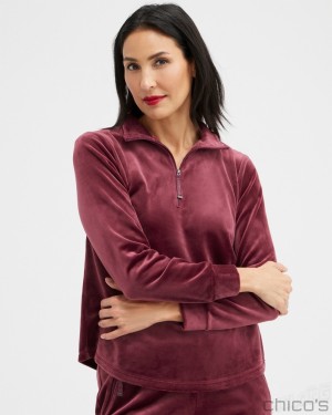 Chico's Zenergy Velour Half Zip Pullover Sweaters Deep Merlot | 742-PWNLZH