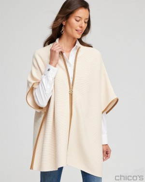 Chico's Zip Front Ruana Ponchos & Ruanas English Cream | 387-QBYCTX