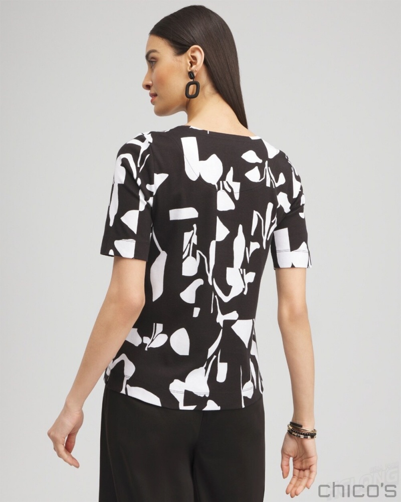 Chico's Abstract Everyday Elbow Sleeve Tee Tees & Tanks Black | 963-NUGJZI