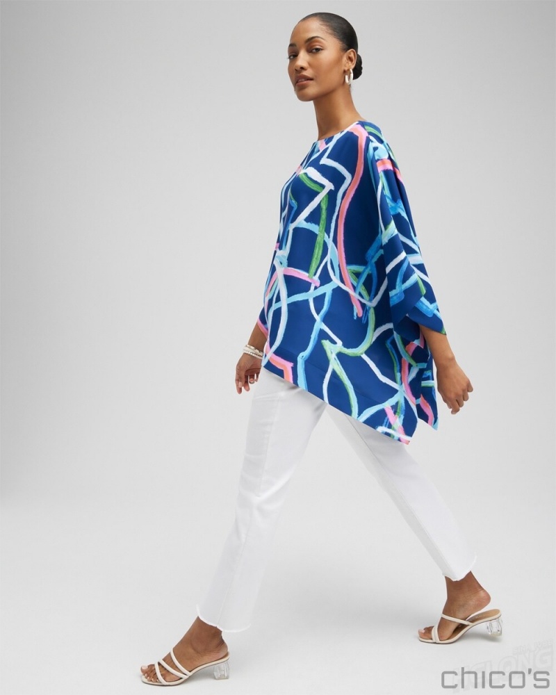 Chico's Abstract Lines Poncho Ponchos & Ruanas Classic Navy | 906-HGWUSM