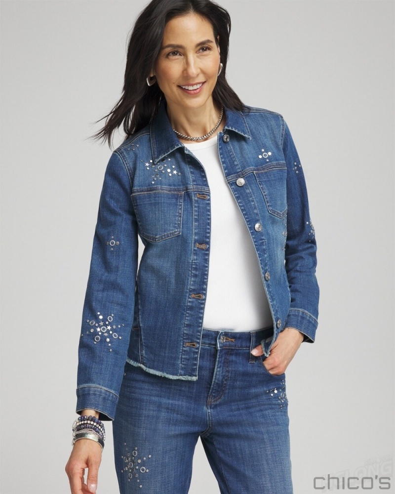 Chico's Americana Fireworks Denim Jacket Jackets & Coats Katina Indigo | 290-YQRMZS