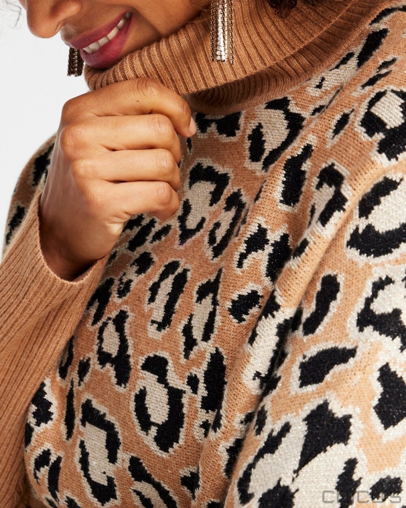 Chico's Animal Print Turtleneck Pullover Sweater Sweaters Camel | 850-JBAHLK