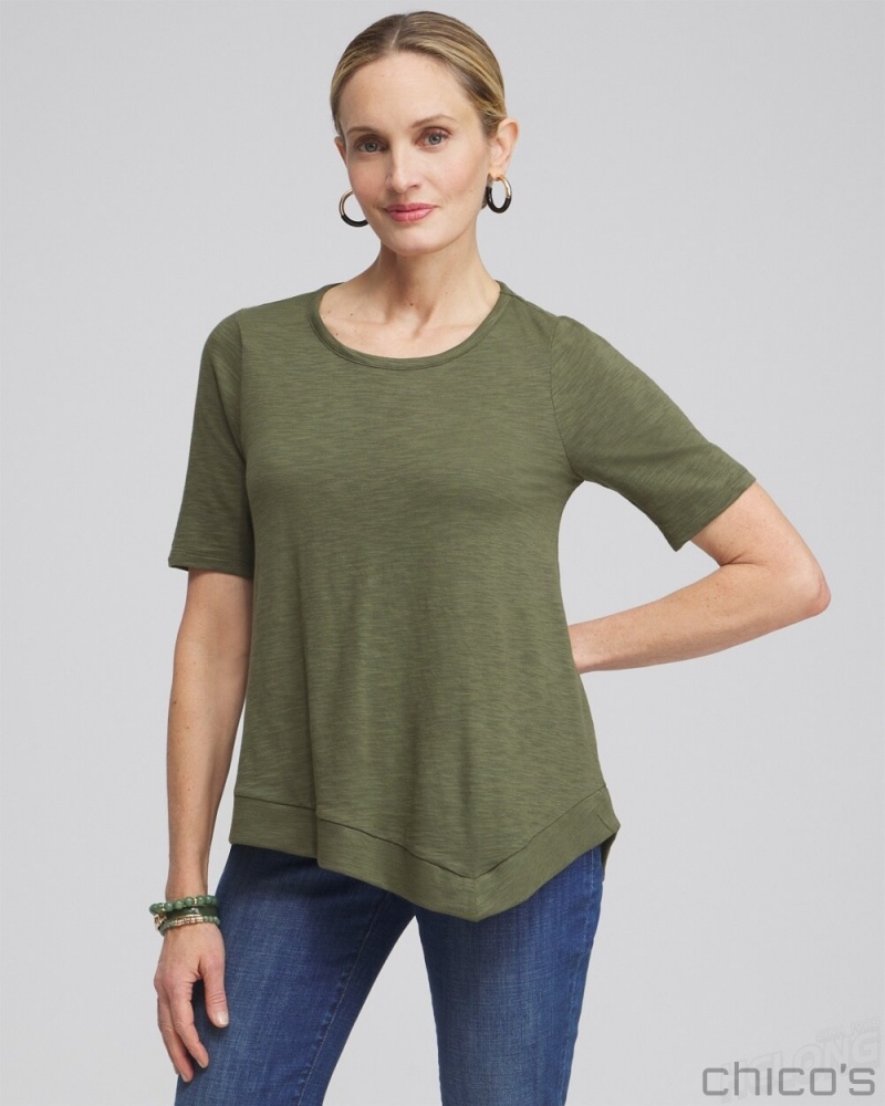 Chico\'s Asymmetrical Elbow Sleeve Tee Tees & Tanks Olive | 831-UNYBFA