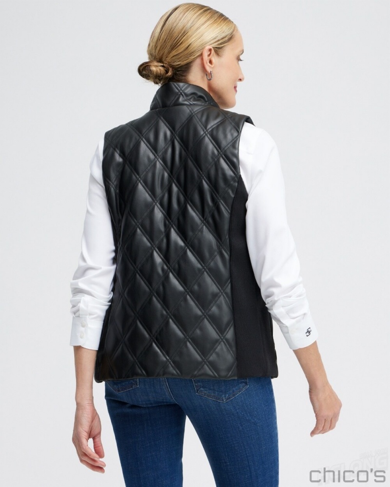 Chico's Black Faux Leather Quilted Vest Jackets & Coats Black | 586-OTFPGK