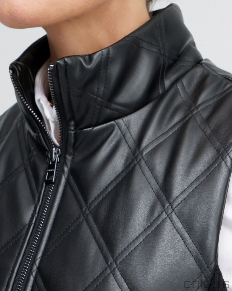 Chico's Black Faux Leather Quilted Vest Jackets & Coats Black | 586-OTFPGK