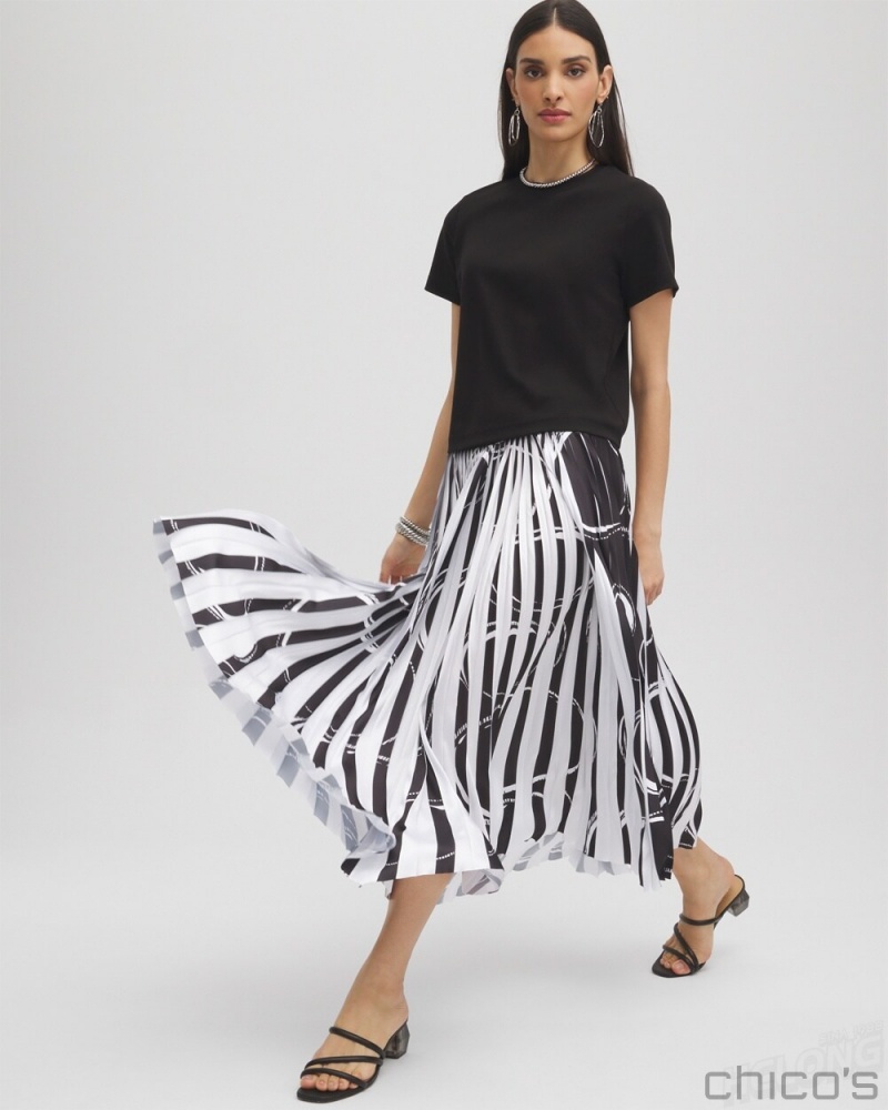 Chico's Black Label Bubbles Pleated Skirt Skirts Alabaster/Black | 026-FLZGYB