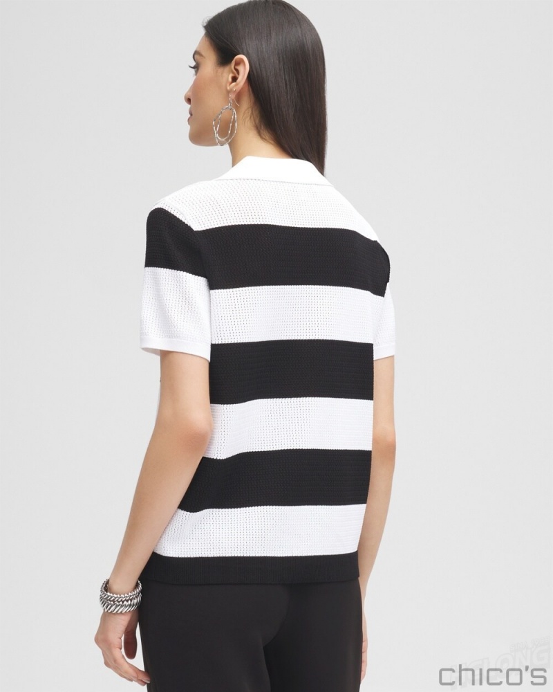 Chico's Black Label Fine Knit Polo Tops Black/Alabaster | 692-UBRHGQ