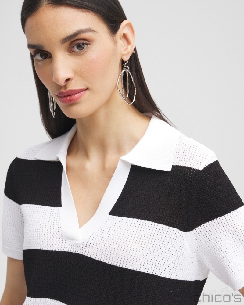 Chico's Black Label Fine Knit Polo Tops Black/Alabaster | 692-UBRHGQ