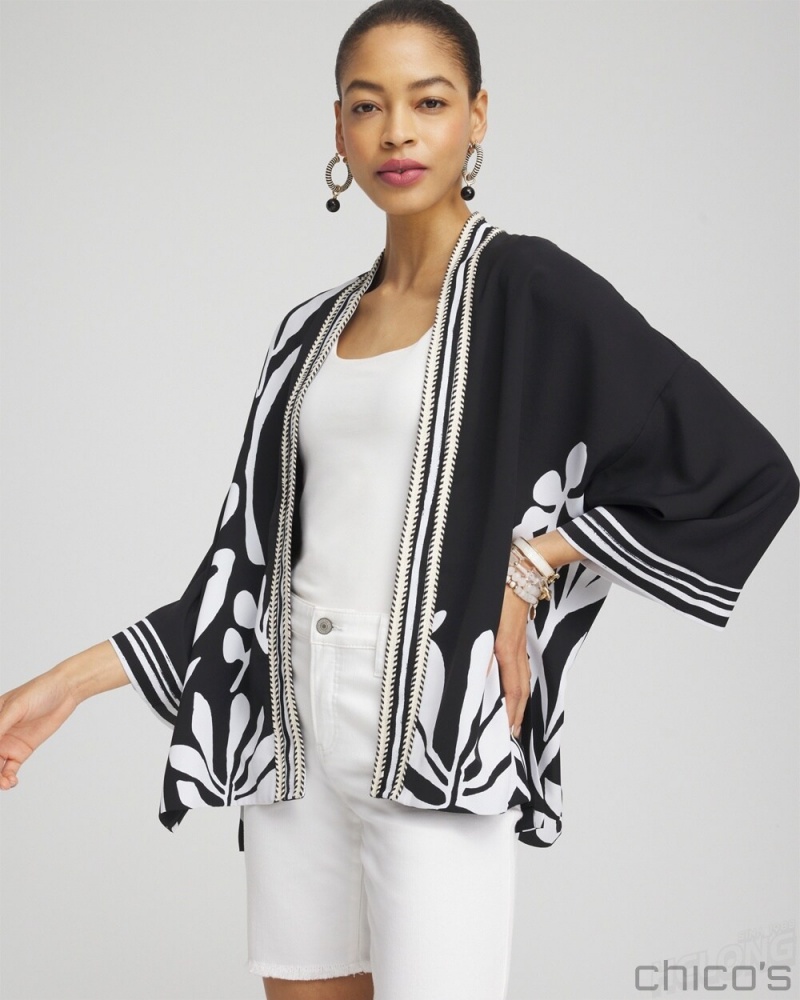 Chico\'s Black & White Floral Kimono Ponchos & Ruanas Black | 359-BDHMFK