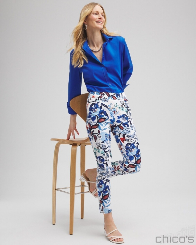 Chico's Brigitte Cool Floral Ankle Pants Pants Alabaster/Classic Navy | 016-FBCVNZ