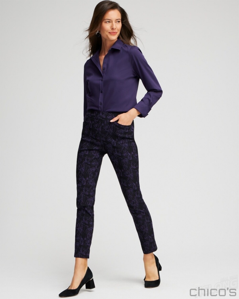 Chico's Brigitte Floral Ankle Pants Pants Black And Purple | 125-MSOGJE