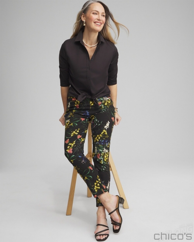 Chico's Brigitte Floral Ankle Pants Pants Black And Green | 495-EMPGKA