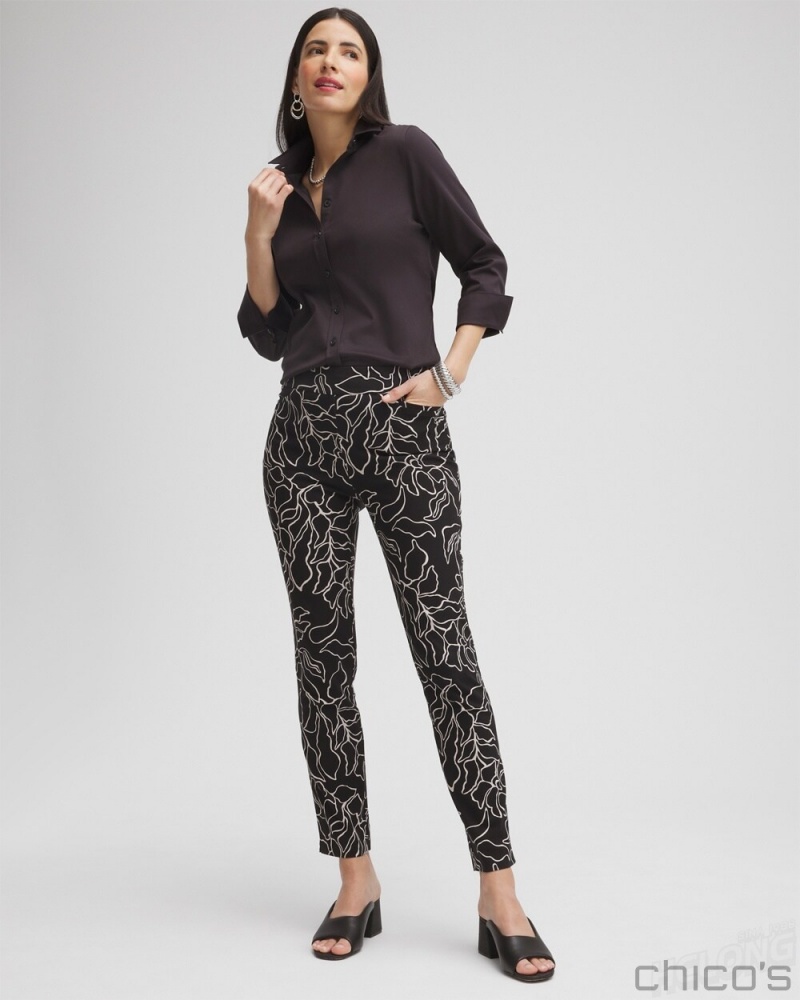 Chico's Brigitte Floral Print Ankle Pants Pants Black/Smokey Taupe | 781-TZRQCP