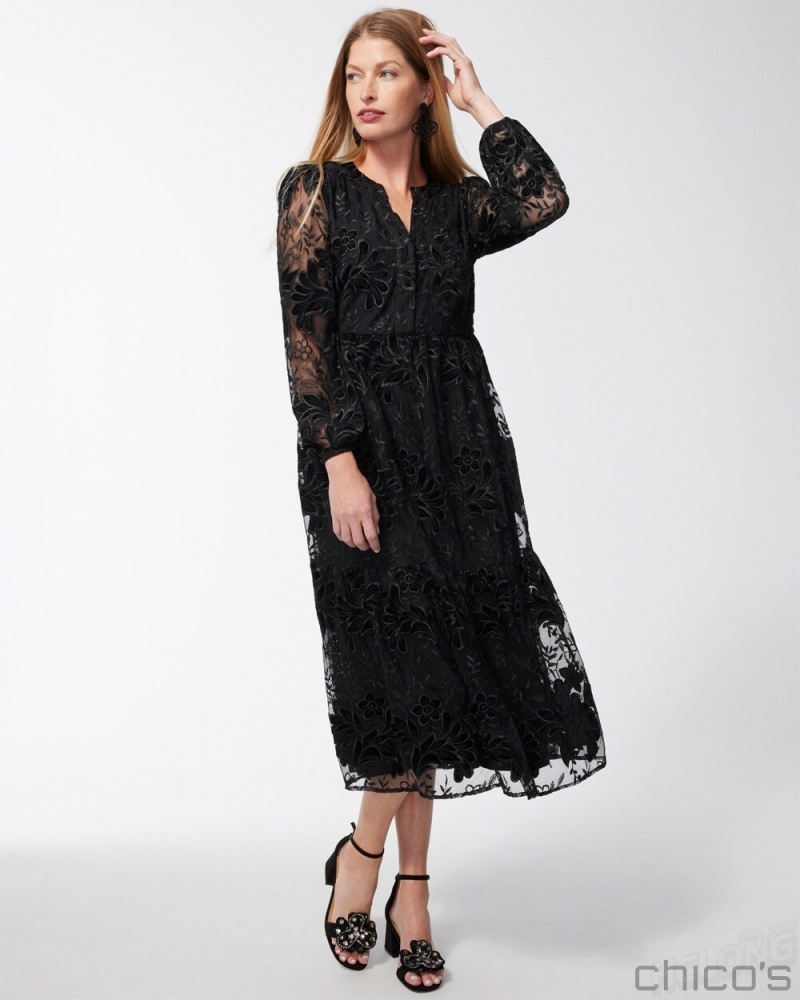 Chico's Burnout Floral Lace Midi Dress Dresses Black | 753-KTSZHV