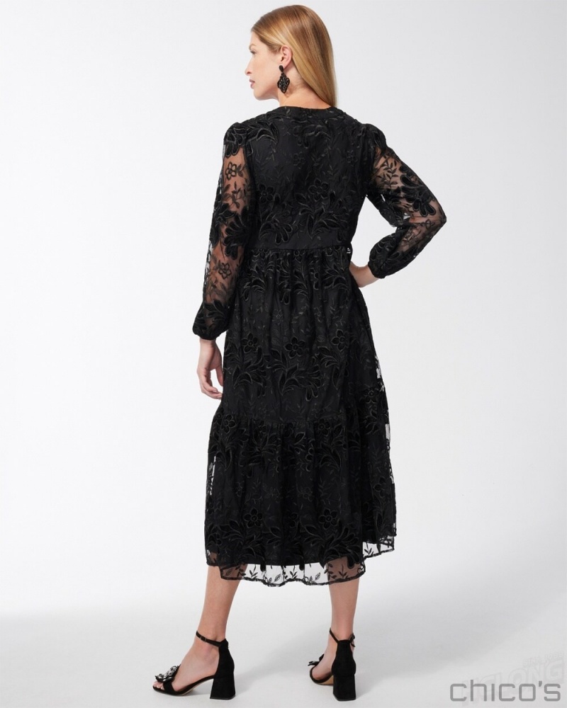 Chico's Burnout Floral Lace Midi Dress Dresses Black | 753-KTSZHV