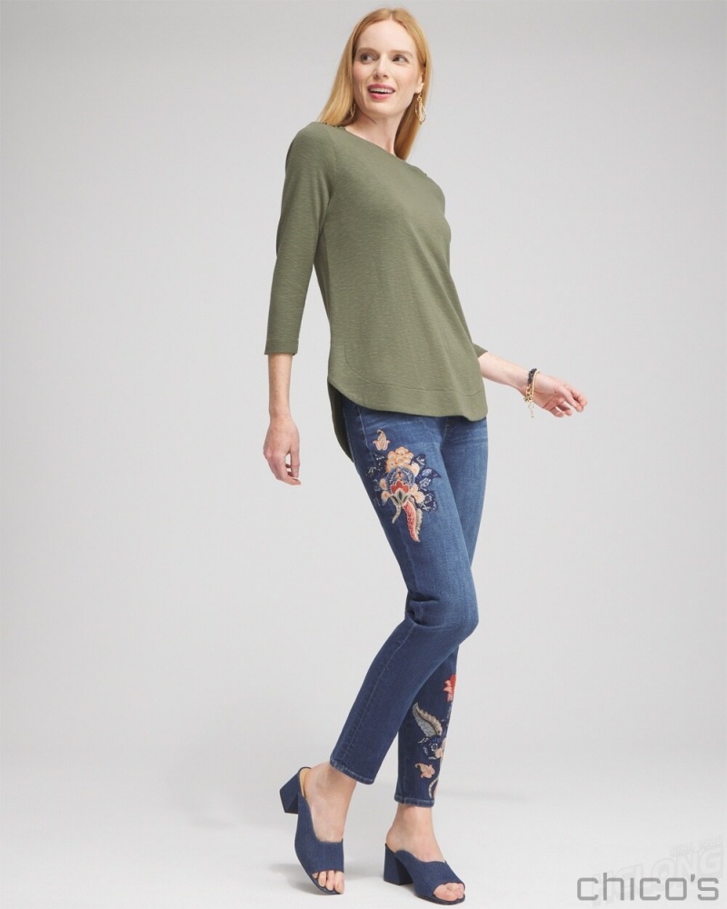 Chico's Button Trim Ribbed Tunic Tops Olive | 612-YDATRG