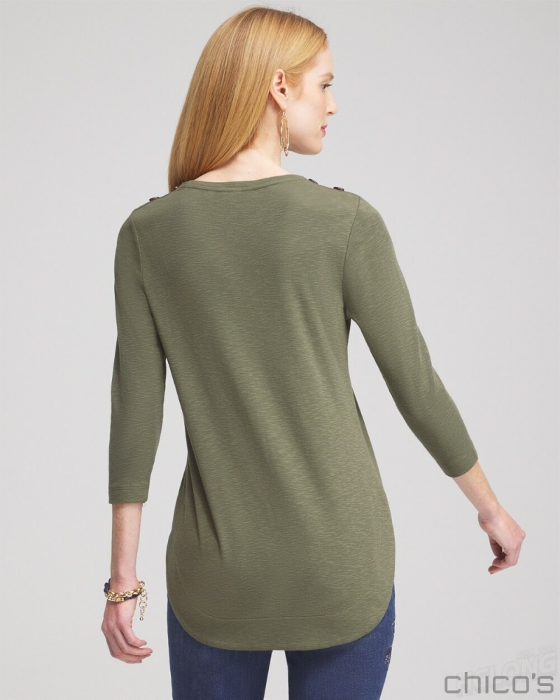 Chico's Button Trim Ribbed Tunic Tops Olive | 612-YDATRG