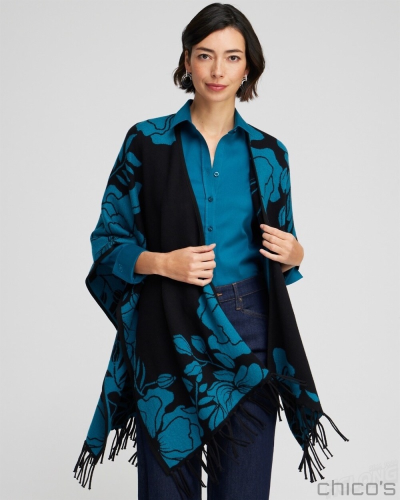 Chico's Cashmere Blend Fringe Ruana Ponchos & Ruanas Moonlit Teal | 692-BYOFSR