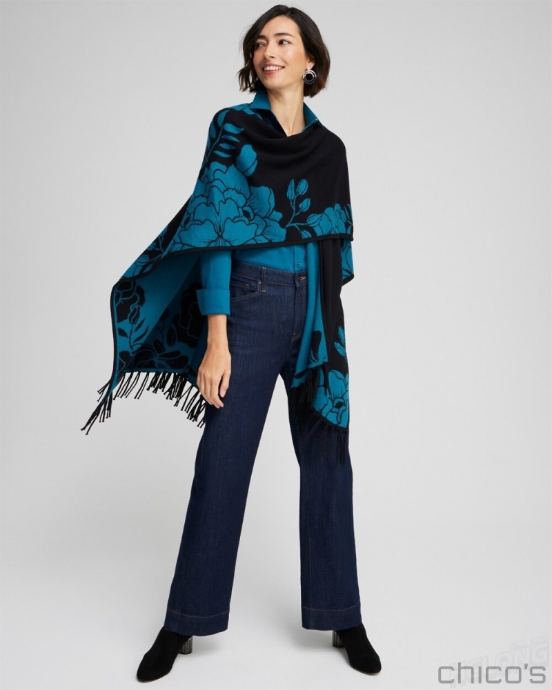 Chico's Cashmere Blend Fringe Ruana Ponchos & Ruanas Moonlit Teal | 692-BYOFSR