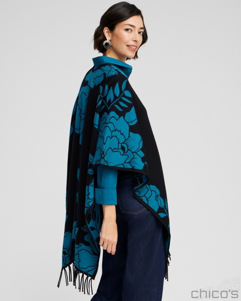 Chico's Cashmere Blend Fringe Ruana Ponchos & Ruanas Moonlit Teal | 692-BYOFSR