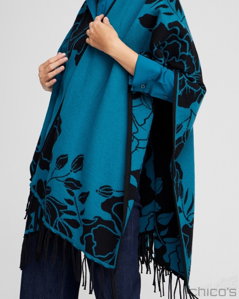 Chico's Cashmere Blend Fringe Ruana Ponchos & Ruanas Moonlit Teal | 692-BYOFSR