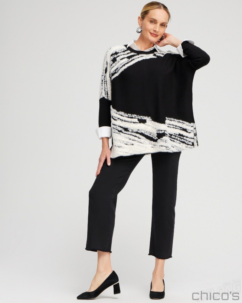 Chico's Cashmere Blend Jacquard Sweater Poncho Ponchos & Ruanas Black | 583-YUCLZG