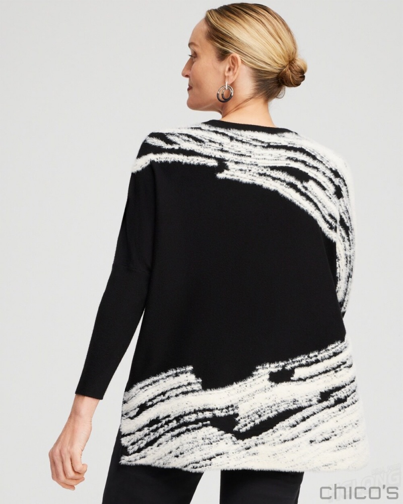 Chico's Cashmere Blend Jacquard Sweater Poncho Ponchos & Ruanas Black | 583-YUCLZG